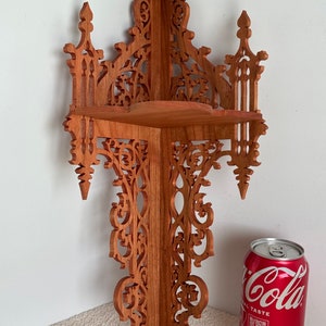 Solid Cherry Gothic Cathedral Victorian Fretwork Corner Wall Shelf. 15 1/2" Tall x 5 1/2" Wide @ Longest Points.  Handmade on My Scroll Saw.