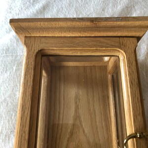 K&ouml;nnte beinhalten: Eine Holzausstellungskiste mit einer Glasfront und einem Messingverschluss. Die Kiste ist aus hellbraunem Holz gefertigt und hat ein schlichtes Design.