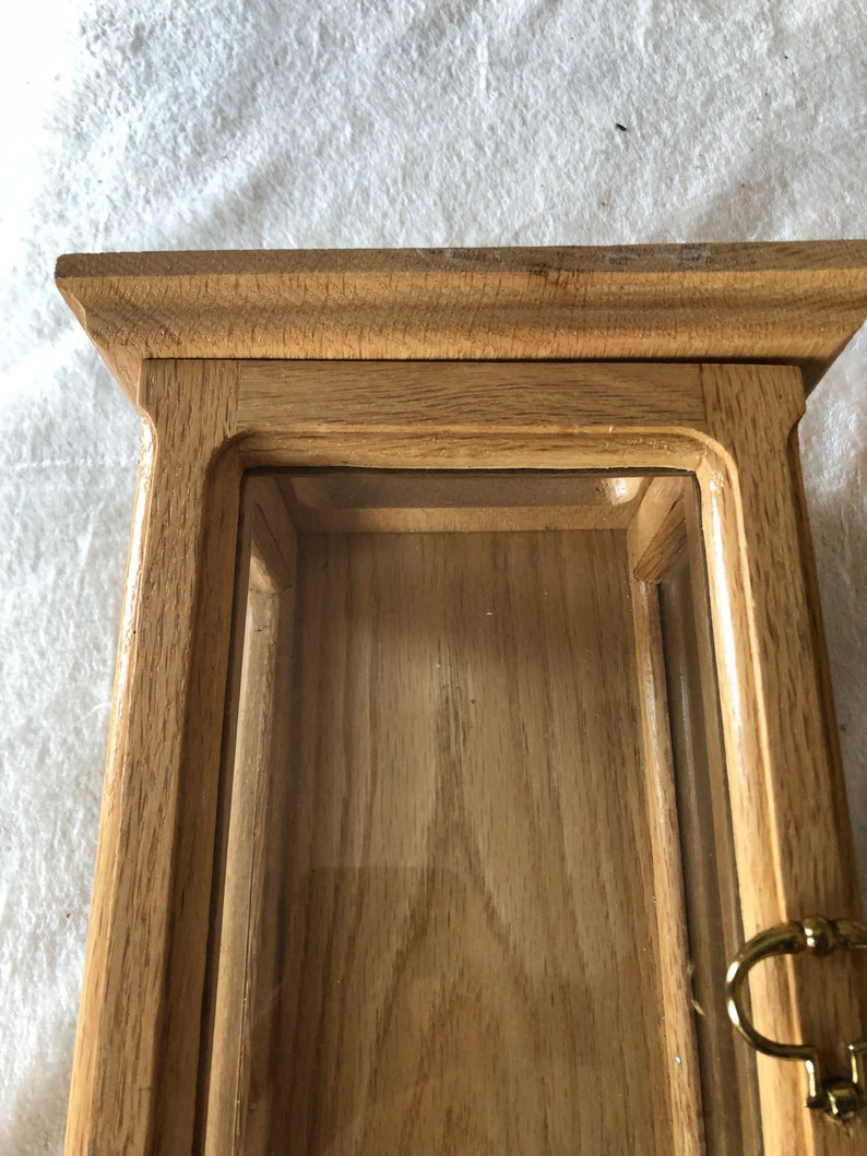 K&ouml;nnte beinhalten: Eine Holzausstellungskiste mit einer Glasfront und einem Messingverschluss. Die Kiste ist aus hellbraunem Holz gefertigt und hat ein schlichtes Design.