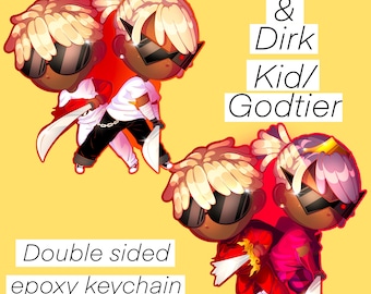 Pode incluir: Chaveiro de epóxi de dupla face com os personagens de desenho animado Dave & Dirk Kid/Godtier. Os personagens são retratados com cabelo loiro, óculos de sol e segurando espadas, em um fundo amarelo. O texto na imagem diz "Double sided epoxy keychain".