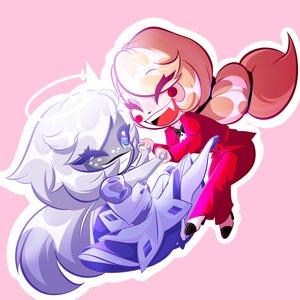 以下が含まれることがあります： ピンク色の背景に、2人のキャラクターが描かれた漫画のイラスト。一人は黒い蝶ネクタイの赤いスーツを着ており、もう一人は白とグレーの姿です。彼らは笑顔で手を繋いでいます。