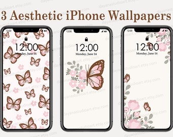 Butterfly iPhone Wallpapers Digital Download, Floral Aesthetic Wallpaper, Boho wallpaper design Neutral Minimalist Coquette Phone Background