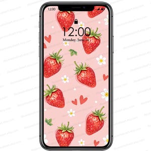 Coquette strawberry iphone wallpaper, Pink floral phone wallpaper, strawberries aesthetic background, Summer design, Sweet fruits design
