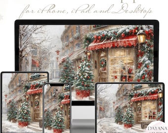 May include: A digital wallpaper set featuring a pastel Christmas scene. The image shows a snowy street with shops decorated for the holidays, displayed on various devices including a phone, tablet, and desktop. The time 12:00 is displayed on the devices.