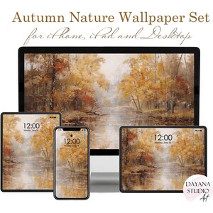 May include: A digital wallpaper set for iPhone, iPad, and desktop featuring an autumn nature scene with golden trees reflected in a calm body of water. The text reads Autumn Nature Wallpaper Set for iPhone, iPad and Desktop and Dayana Studio Art.