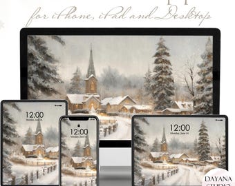 May include: A pastel Christmas wallpaper set displayed on various devices, including a desktop monitor, tablets, and a smartphone. The artwork depicts a snowy village scene with a church and trees. The time displayed is 12:00.