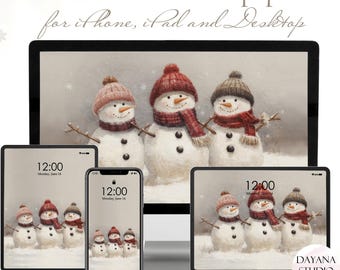 May include: A pastel Christmas wallpaper set for iPhone, iPad, and desktop. The image features a watercolor illustration of three snowmen wearing hats and scarves. The time 12:00 is displayed on the devices.