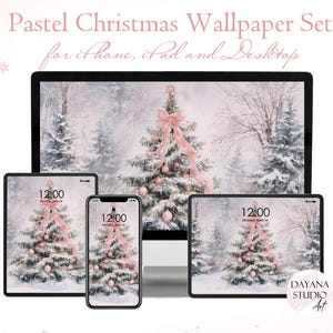 May include: A digital wallpaper set featuring a pastel Christmas theme. The image shows a desktop computer, a tablet, and a smartphone, each displaying a winter scene with a decorated Christmas tree. The text "Pastel Christmas Wallpaper Set" is visible.