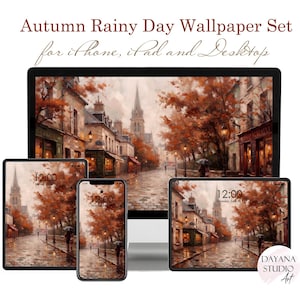May include: Autumn Rainy Day Wallpaper Set for iPhone, iPad and Desktop. The digital artwork displays a European-style street scene with orange autumn trees, wet cobblestone streets, and a church spire under a cloudy sky, shown on multiple devices.