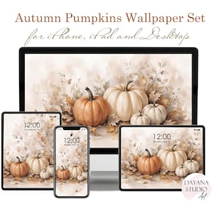 May include: A digital wallpaper set featuring autumn pumpkins and foliage displayed on a desktop monitor, two tablets, and a smartphone. The text reads Autumn Pumpkins Wallpaper Set for iPhone, iPad and Desktop and Dayana Studio Art.