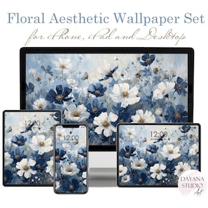 Conjunto de fondos de pantalla de flores de cosmos azules, pintura al óleo floral abstracta, estética botánica, fondo de escritorio para iPhone y iPad, descarga digital abstracta.