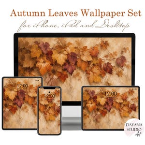 Puede incluir: Un conjunto de fondos de pantalla Autumn Leaves Wallpaper Set for iPhone, iPad and Desktop en un monitor de ordenador, una tableta y un smartphone. Las pantallas muestran una pintura digital de follaje otoñal naranja, marrón y rojo.