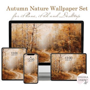 May include: Autumn Nature Wallpaper Set for iPhone, iPad and Desktop featuring a digital forest path scene with golden and brown foliage. The set includes displays for a desktop monitor, two tablets, and a smartphone, all showing the same artwork.