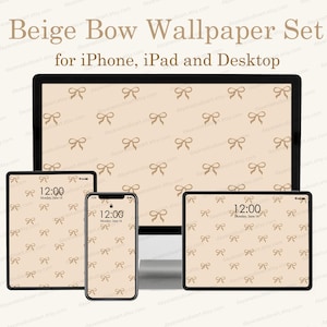 May include: A beige bow wallpaper set for iPhone, iPad, and desktop. The background features a repeating pattern of small bows in a darker beige color. The time is displayed on the phone and tablets as 12:00, Monday, June 14.
