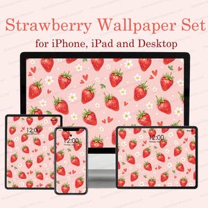 Coquette Strawberry Wallpapers, iPhone, iPad, Tablet, Desktop, Android Wallpaper, Summer Aesthetic design, Sweet fruits Floral Laptop design