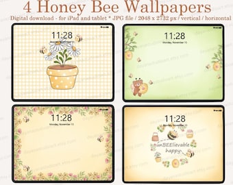 Aesthetic iPad Wallpaper, Cute Wallpaper, Tablet Background Botanical, Minimalist Wallpaper, Kawaii Honey Bee illustration, Digital download