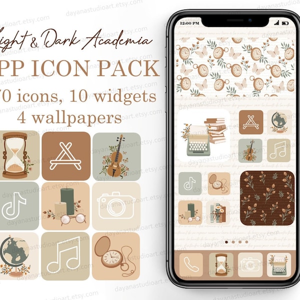 Vintage Inspired Light & Dark Academia iOS App Icons Set, Aesthetic iPhone Wallpapers Widgets, Classic App Covers, Book Lovers, Hand drawn