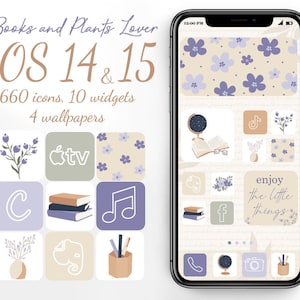 May include: A phone screen mockup showing a set of 660 icons, 10 widgets, and 4 wallpapers for iOS 14 and 15. The icons are themed around books, plants, and a minimalist aesthetic. The phone screen shows a variety of icons, including a book, a plant, a music note, and a globe. The text "Books and Plants Lover" and "iOS 14 & 15" is displayed at the top of the image. The text "660 icons, 10 widgets, 4 wallpapers" is displayed below the title.