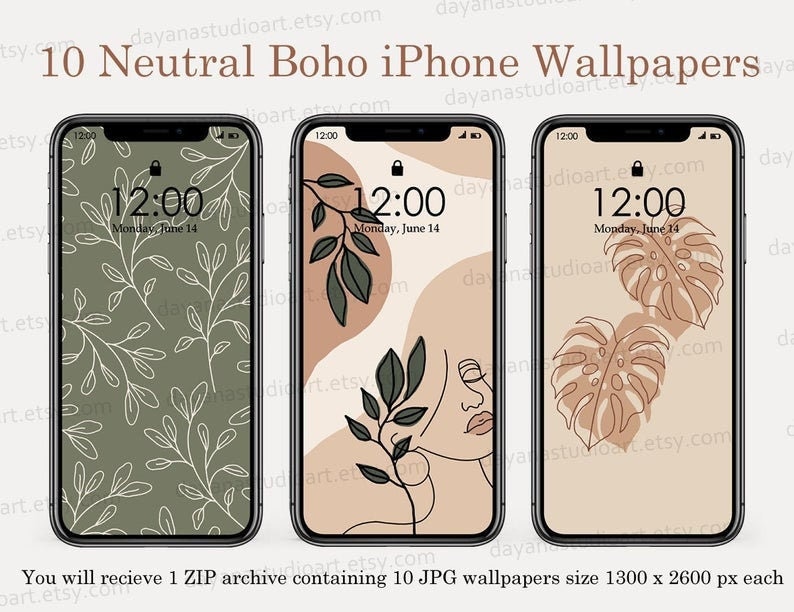 10 Boho iPhone Wallpapers Digital Download , Beige Cream Green Aesthetic Wallpaper iPhone , Shapes wallpaper , Neutral Phone Background image 1