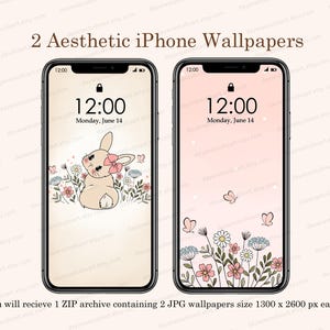 May include: Two iPhone wallpapers featuring a cute cartoon bunny with a pink bow in a floral garden setting. The first wallpaper has a light pink background with a white bunny and the second wallpaper has a cream background with a pink bunny.