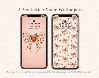 Pink BOW COQUETTE Strawberry Wallpaper, Bow Phone Wallpaper, Cute Bow Coquette IPhone Wallpaper, Girly Wallpaper, Preppy Phone Wallpaper