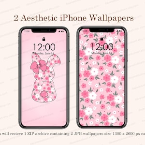 Könnte beinhalten: Zwei iPhone-Hintergrundbilder in einem rosa Farbschema. Ein Hintergrundbild zeigt ein rosa Kaninchen mit einer Schleife, und das andere Hintergrundbild zeigt ein rosa-weißes Blumenmuster. Beide Hintergrundbilder zeigen die Uhrzeit 12:00 und das Datum Montag, 14. Juni.