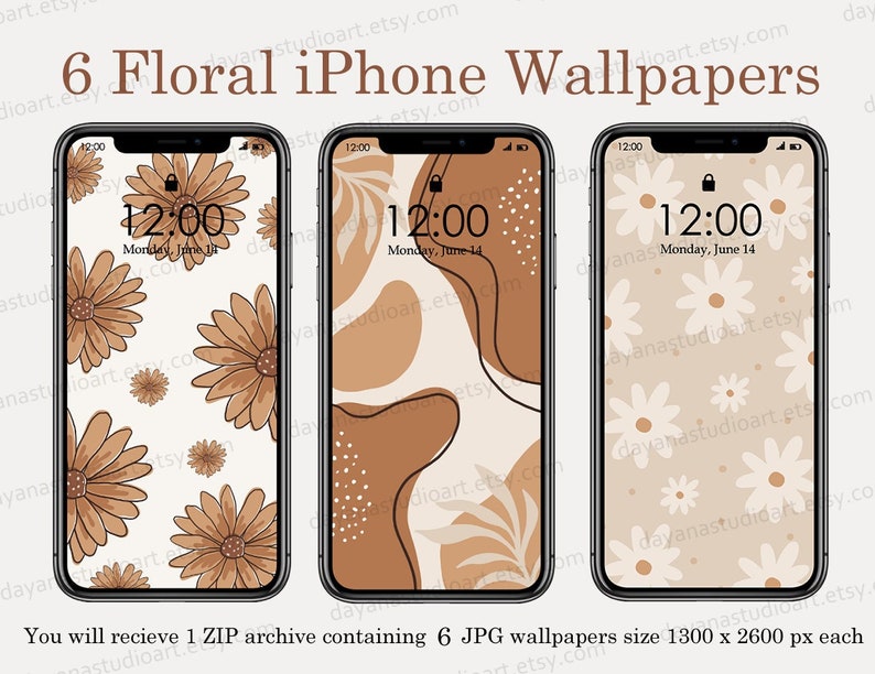 Boho iPhone Wallpapers Digital Download , Beige Cream Brown Aesthetic Wallpaper iPhone , Shapes wallpaper , Neutral Floral Phone Background 