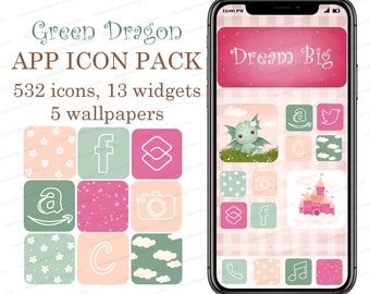 Green Dragon App icons, Cute iOS 17 app icons, Kawaii Baby Dragon Illustration, Android app covers, iPhone Wallpapers & Widgets Aesthetic