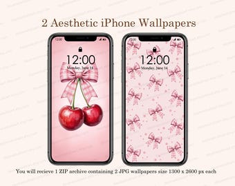 Pink BOW COQUETTE Cherry Wallpaper, Pink Bow Phone Wallpaper, Cherry Bow Coquette IPhone Wallpaper, Girly Wallpaper, Preppy Phone Wallpaper