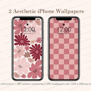 May include: Two iPhone wallpapers in a digital download. The first wallpaper features a pink and red floral pattern. The second wallpaper features a pink and white checkered pattern. Both wallpapers display the time 12:00 and the date Monday, June 14.