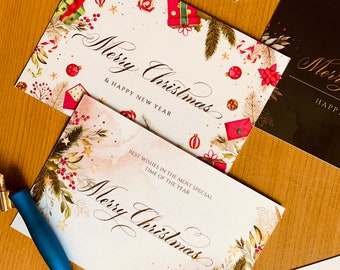 Merry Christmas and New Year Cards, Handwritten with Calligraphy. Add a personal touch to the clients order. Pack of 20 and 50
