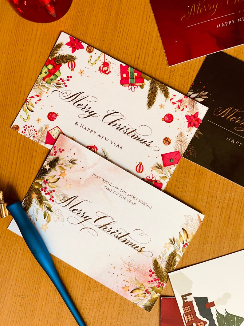 Merry Christmas and New Year Cards, Handwritten with Calligraphy. Add a personal touch to the clients order. Pack of 20 and 50 image 1