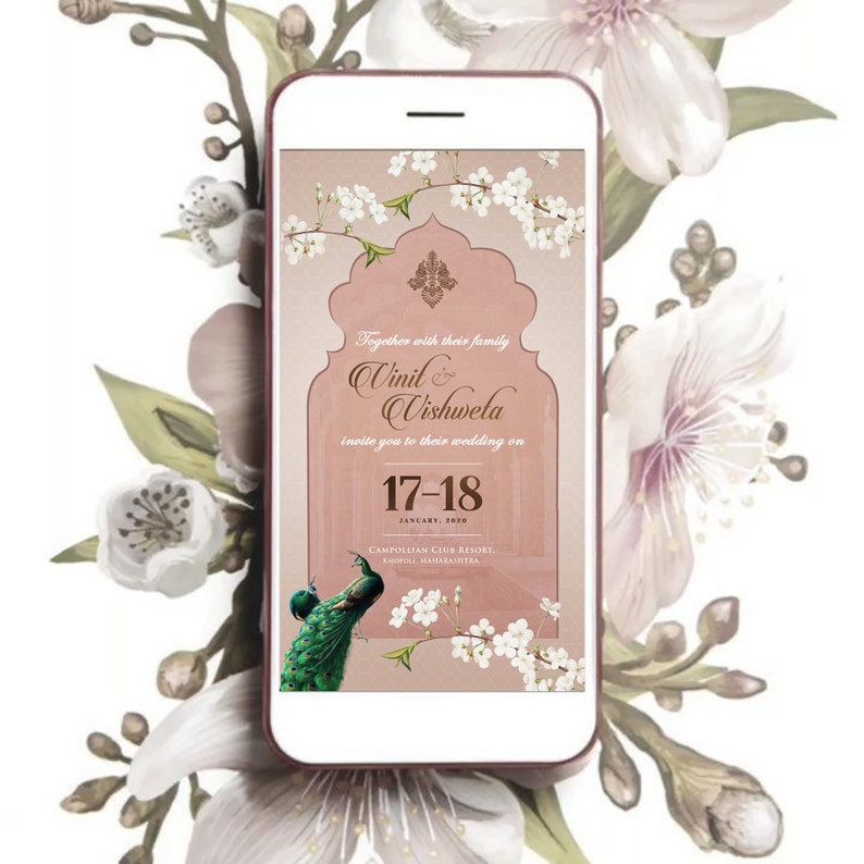 Digital Indian Wedding Invitation easy to edit. Affordable price. Floral and peach editable files. image 2
