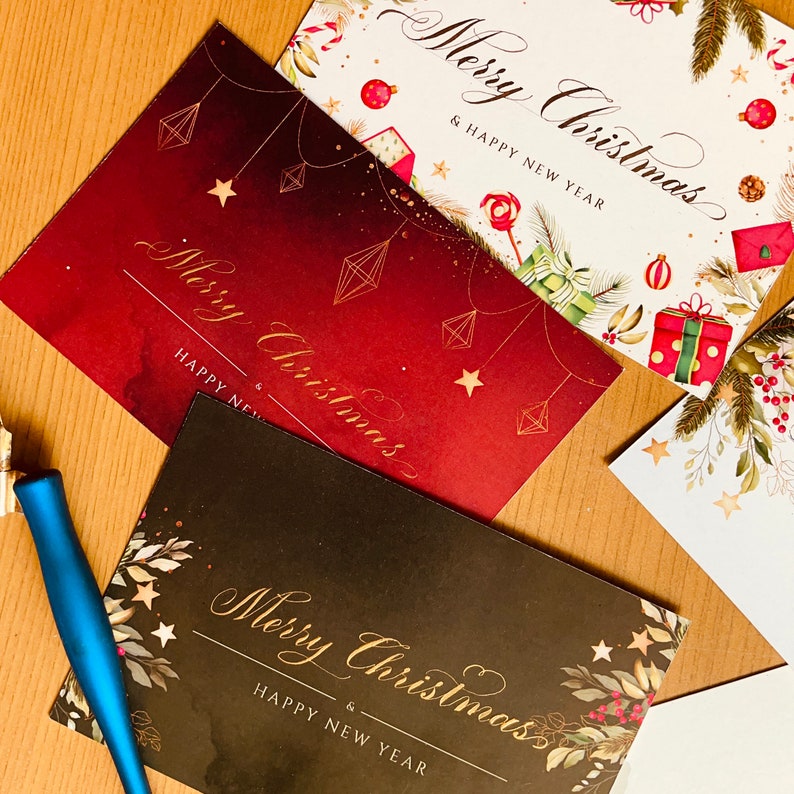 Merry Christmas and New Year Cards, Handwritten with Calligraphy. Add a personal touch to the clients order. Pack of 20 and 50 Mix of all