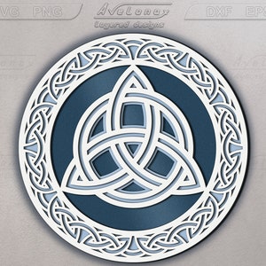 May include: A white Celtic knot design with a blue background. The knot is in the shape of a triangle with three interlocking circles. The design is surrounded by a white border with a Celtic knot pattern.