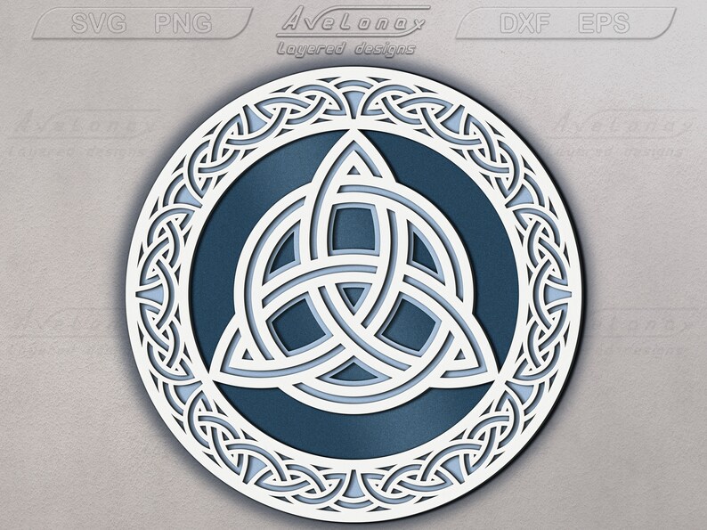 May include: A white Celtic knot design with a blue background. The knot is in the shape of a triangle with three interlocking circles. The design is surrounded by a white border with a Celtic knot pattern.