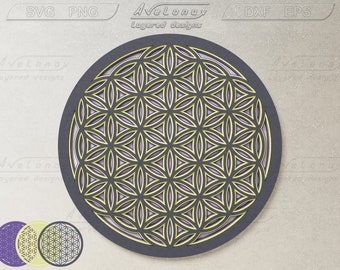 Multilayered Flower of life svg, Geometric Mandala laser cut file, Sacred geometry paper cut file, 3D Seed of life svg, Round wall art png