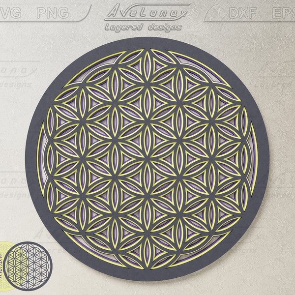 Multilayered Flower of life svg, Geometric Mandala laser cut file, Sacred geometry paper cut file, 3D Seed of life svg, Round wall art png