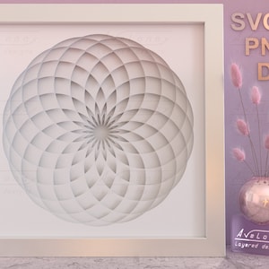 Puede incluir: Un diseño geométrico blanco con una forma circular y un efecto de capas, enmarcado en un marco blanco. El diseño recuerda a una flor o un mandala. La imagen se coloca sobre un fondo rosa con un jarrón de hierba de la pampa rosa y un jarrón dorado.
