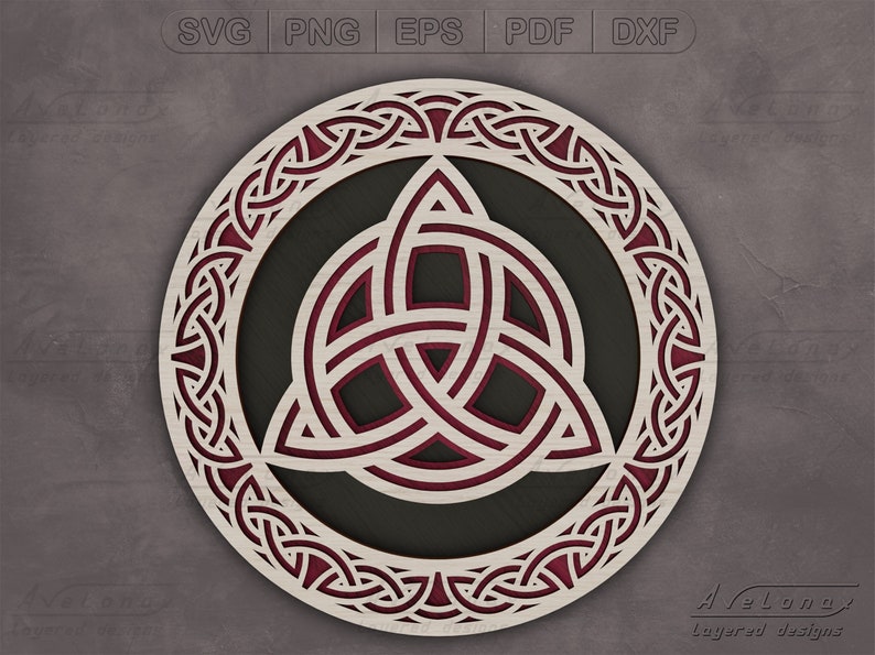 May include: A red and white intricate Celtic knot design with a triple knot in the center. The design is circular and has a black background.