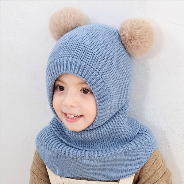 Chapeau d'hiver pour enfants | Bonnet tricoté pour bébé avec foulard et double pompon | Chapeau d'hiver en acrylique | Bonnet bébé en laine | Crocheter | Cadeaux de noël