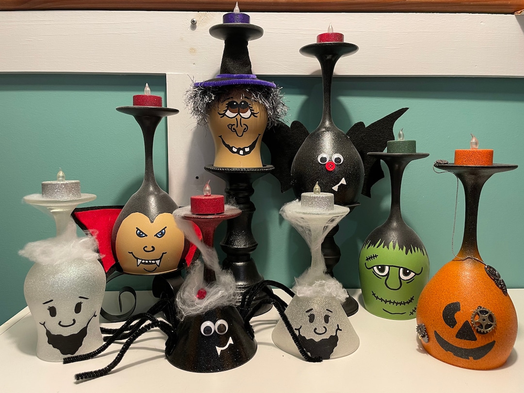 Halloween Painted Wine Glass Votive Holders Etsy