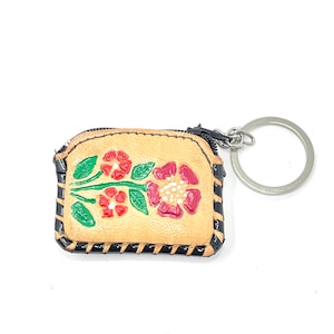 Handmade Mexican Hand Tooled Leather Keychain Coin Purse Pouch with zipper