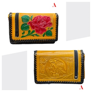Handmade Mexican Artisanal Hand Tooled Braided Leather Trim, Women Wallet with Floral Designs