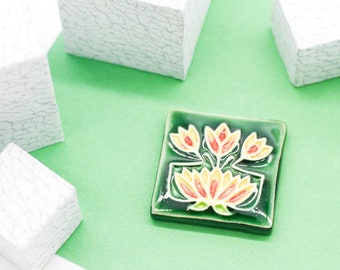 Ceramic Lapel Pin Brooch | Art Nouveau | Waterlily Miniature Tiles | Handmade | Organic Jugendstil Alphonse Mucha | Gift