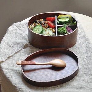 Handmade Japanese Bento Box/ Lunchbox Set with wooden tableware and cotton bag 100% Natural Wood and cotton