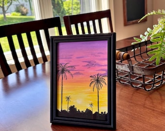 Soft Pink and Purple Wall Art / Sunset / Palm Trees / Clouds / Oil Pastels / Includes 5x7 Frame / Handmade
