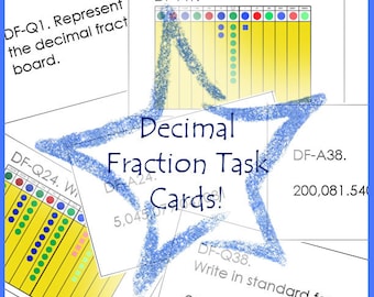 May include: A blue star with the text "Decimal Fraction Task Cards!" on a white background. The image also shows a portion of a worksheet with the text "DF-Q1. Represent the decimal fract board." and "DF-A1."