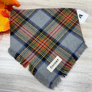 Winter Dog Bandana, Fall Dog Bandana, Custom Dog Bandana, Personalized, Flannel, Fringe, Pet Clothing. Pet Neckwear, Grey and Orange Plaid