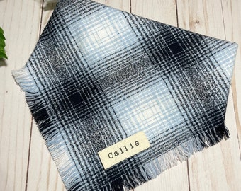 Flannel Dog Bandana, Personalized Dog Bandana, Blue and white Plaid Dog Bandana, Frayed Dog Bandana, Winter Dog Bandana, Pet  Accessories